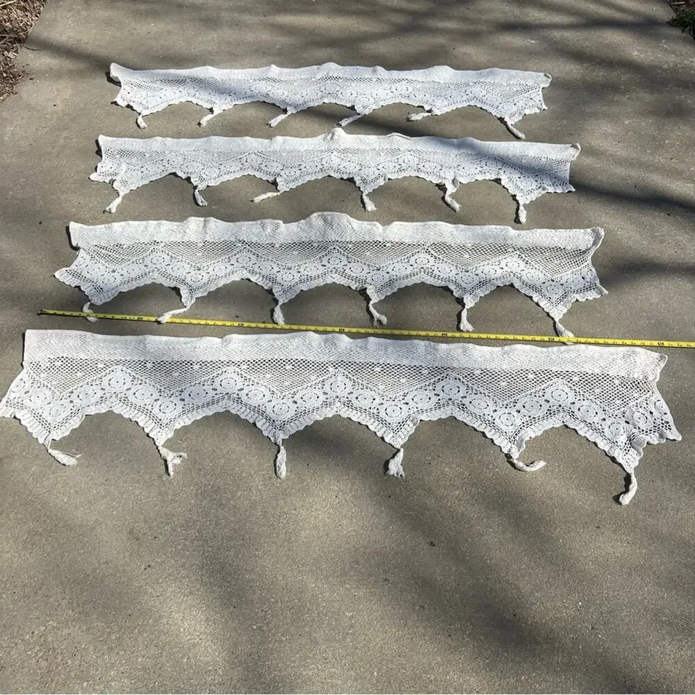 Vintage Crochet Flower and Tassel Window Valences Boho Cottagecore SET 4 6’x20”